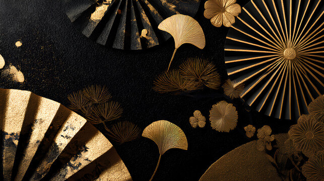 黒と金の和モダン背景 扇と銀杏の高級デザイン