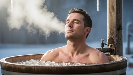 Man relaxing in icy barrel bath with steam rising