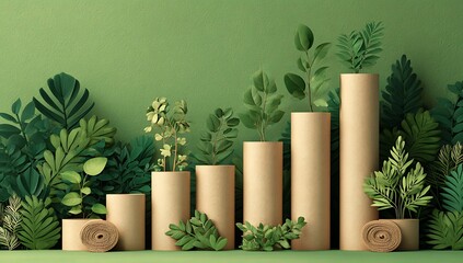 Botanical Growth Chart: Plant-Based Progress Illustration on Green Background Depicting Gradual Business Development and Organic Ascent with Natural Elements and Staged Elevation
