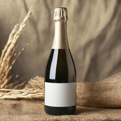 Realistic mockup of a champagne bottle with a blank label on rustic background.