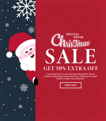 Christmas sale promotion with cheerful Santa and snowflakes, offering 50% extra discount. Ideal festive design for holiday marketing campaigns