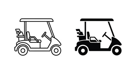 Two golf carts depicted in contrasting line styles one outline and one solid silhouette