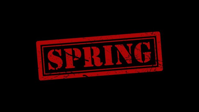 Red Grunge Spring Rubber Stamp Animation on Transparent Background with Alpha Channel, Distressed Ink Effect, Seasonal Renewal Label Motion Graphic for Business Design, Documents, Posters, Promotions