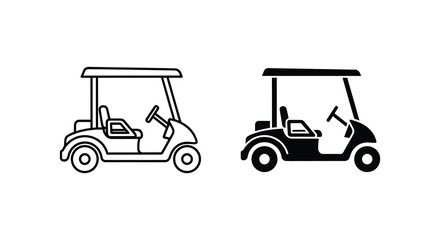 Two golf carts depicted in contrasting line styles one outline and one solid silhouette