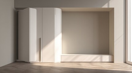 Fototapeta premium Modern minimalist interior design featuring sleek white furniture in a bright and airy room with soft shadows and natural light streaming in