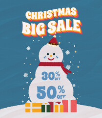 Christmas Big Sale banner featuring a cheerful snowman, snowflakes, and colorful gifts, promoting 30% and 50% discounts for holiday marketing