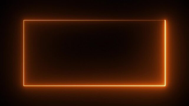 Glowing orange neon rectangle border frame animated on black background. Neon rectangular frame loopable. Neon lines frame animation.