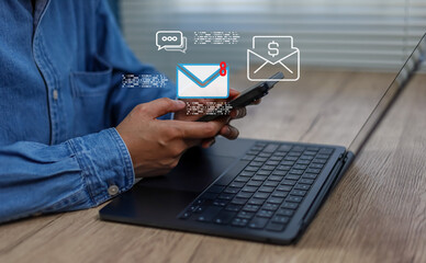 Person using smartphone laptop manage email notifications and digital payments, virtual inbox message icons, representing mobile communication online finance fintech remote work technology
