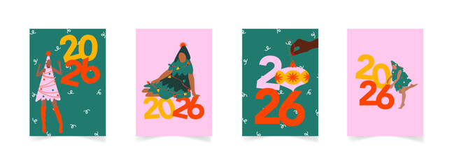 Ensemble de cartes pour souhaiter une bonne ann&eacute;e 2026 avec des illustrations dr&ocirc;les et d&eacute;cal&eacute;es. Vecteurs repr&eacute;sentant des personnages femmes dans un d&eacute;guisement de sapin pour c&eacute;l&eacute;brer 2026 
