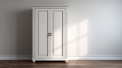 Fototapeta premium Elegant White Wooden Cabinet with Classic Design in Minimalist Interior Setting, Perfect for Home Decor, Furniture Arrangement, or Storage Solutions