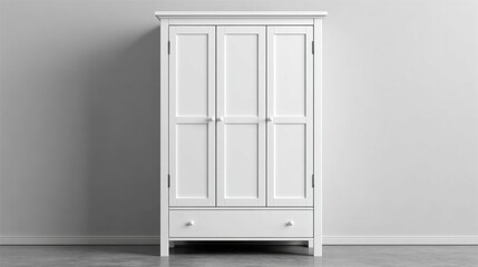 Elegant White Cabinet with Three Doors and a Drawer for Home Organization and Storage in Modern Interior Setting