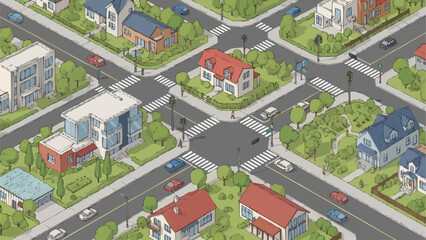 Aerial view of a suburban intersection with houses and cars.