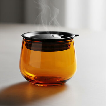 Warm Amber Coffee Cup with Black Lid in Soft Studio Lighting