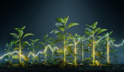 Sustainable Growth and Investment: Green Shoots Emerging with a Glowing Financial Growth Line in a Dark Environment Representing Financial Optimism and Eco-Conscious Investment Strategies