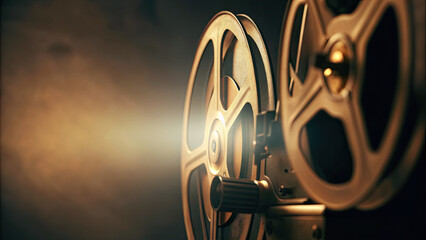 Obraz premium Old cinema projector operating with film concept. Vintage film projector casting light in a darkened room.