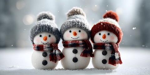 Three handmade snowmen with grey hats and red scarves stand in falling snow, evoking a cozy and festive holiday greeting card atmosphere.