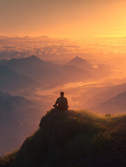 Man Meditating on Mountain Top at Sunset - Serene Landscape