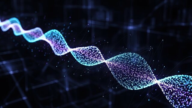 Glowing blue and purple DNA helix with particles on dark background - Powered by Adobe