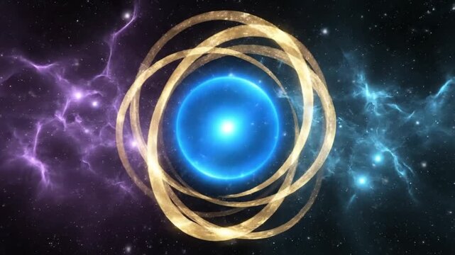 An artistic cosmic abstract animation with golden circular ribbons framing a radiant blue center floating star particles and nebula lights creating a sense of motion depth and wonder dreamy celestial 