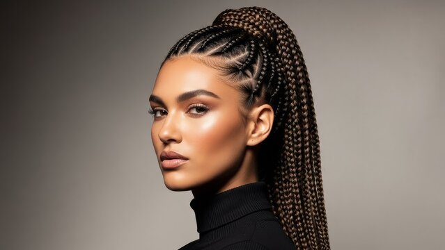A woman with braids and a high ponytail looking over her shoulder