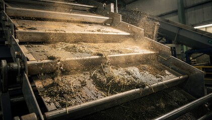 Medium shot of vibrating screens separating coarse tea dust from fibers highlighting the dynamic motion of the industrial sieving process.