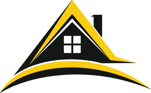 Abstract real estate logo design with black house roof and yellow arching lines isolated on white background for architectural branding - Powered by Adobe