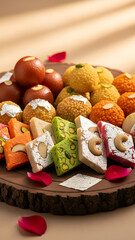 Delicious fresh bread and vegetables alongside sweet Christmas cookies and festive decorations on a healthy holiday meal table with chocolate cake and fruit
