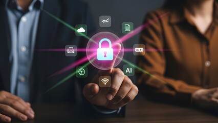 Businessman interacting with a digital security padlock and technology service icons