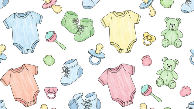 Baby Clothes and Toys Pattern with Bodysuits Boots and Plush Toys - Powered by Adobe