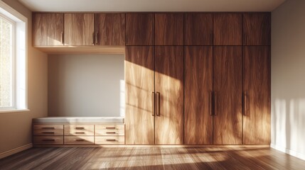 Modern wooden wardrobe in a bright interior with sunlit walls and sleek design, showcasing minimalism and functionality for home decor inspiration