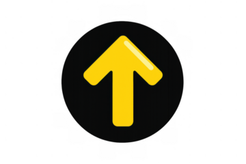 Yellow arrow icon pointing up on a black circle, indicating direction and financial growth with a transparent background