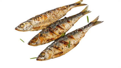 Appetizing trio of perfectly grilled whole fish, seasoned with herbs and ready to be enjoyed, presented against a clean, vibrant white background