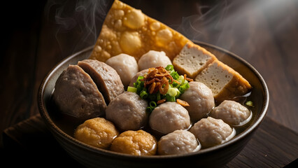 Delicious Bakso Bowl: Indonesian Meatball Soup with Tofu and Crispy Wonton.