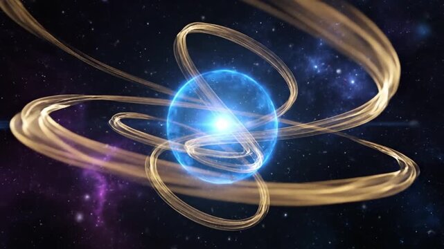 A magical cosmic abstract backdrop showing golden swirling forms orbiting a luminous center scattered stars and glowing dust against a deep blue space background artistic mystical celebratory mood cin