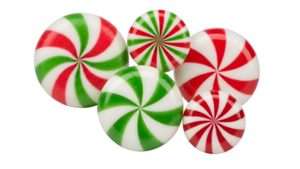 Group of Red and Green Spiral Peppermint Candies Isolated on White Background