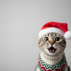 Cat wearing Christmas sweater and hat with joyful expression  
