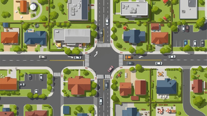 Aerial view of a suburban neighborhood intersection with houses and roads. © Nilam