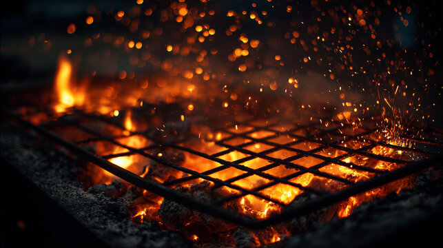 Żarzący się grill z płomieniami na czarnym tle