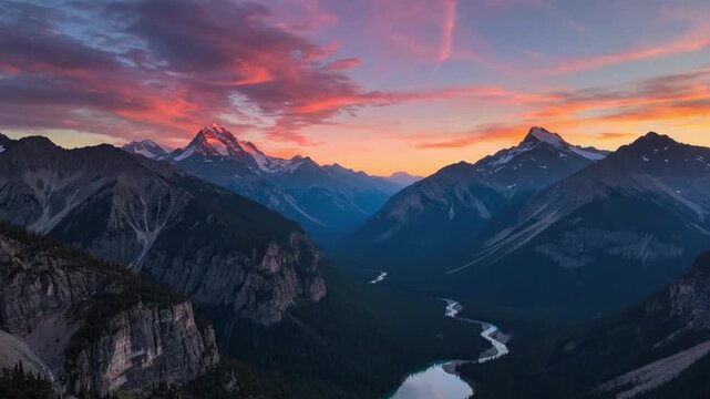 Breathtaking aerial view of snow-capped mountain peaks and a turquoise river valley during a vibrant sunset with pink clouds in a majestic wilderness landscape. AI Generated