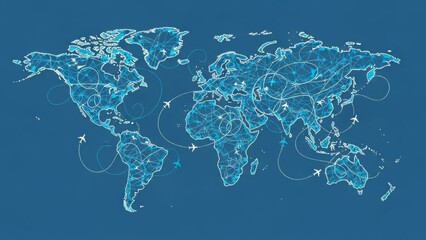 Global connectivity illustrated with a network map showing airplanes routes around world