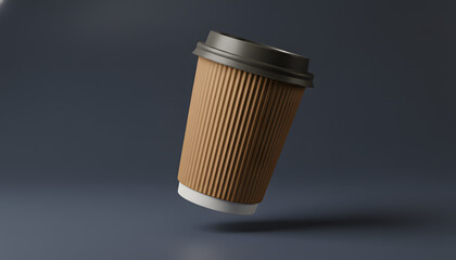 Brown ribbed paper coffee cup on dark background
