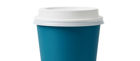 Blue disposable coffee cup with white lid on white background