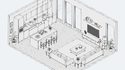 Obraz premium Modern Isometric Open Plan Living Room and Kitchen Sketch.