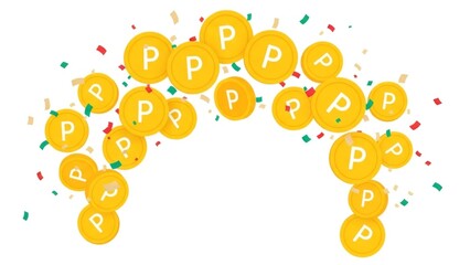 Golden coins with 'P' and festive confetti for point reward program presentation