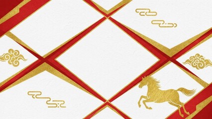 Golden horse and auspicious clouds in an oriental pattern red and gold aesthetic design