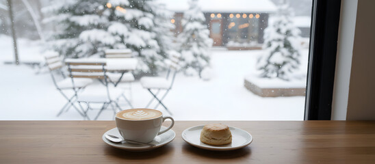 Coffee and pastry on table by window with snowy winter view