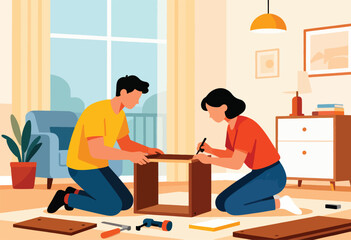 Obraz premium Two people assembling furniture indoors, focused on the task