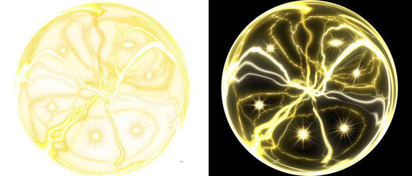PNG image of&nbsp;Two glowing yellow plasma energy orbs with internal lightning effects displayed side-by-side on white background