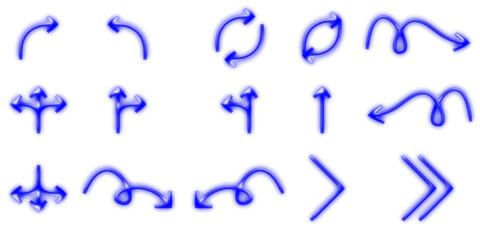 A collection of various blue arrow icons with a glowing effect, including curved, circular, swirly, and multi-directional designs for navigation and UI.