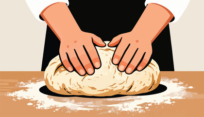 Hands kneading dough on a floured surface, a culinary process